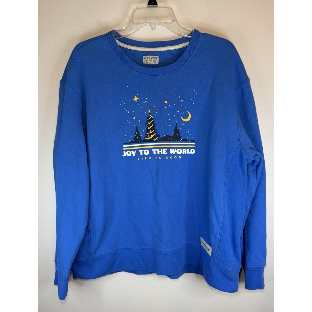 LIFE IS GOOD Joy To The World Pullover Sweatshirt W XXL Crewneck Blue Holiday